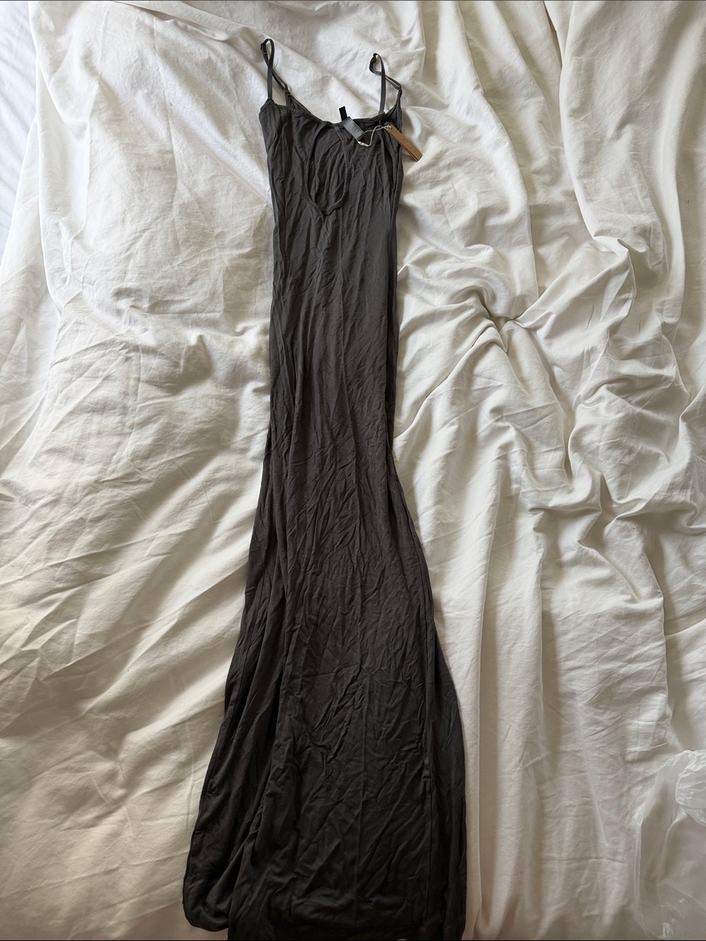 SKIMS Charcoal Black Maxi Slip Dress with Thin Adjustable Straps